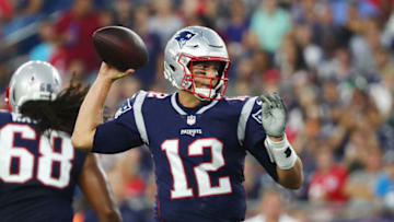 FOXBOROUGH, MA - AUGUST 16: Tom Brady #12 of the New England Patriots throws a pass in the first half against the Philadelphia Eagles during the preseason game at Gillette Stadium on August 16, 2018 in Foxborough, Massachusetts. (Photo by Tim Bradbury/Getty Images)