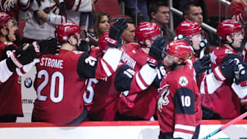 Nov 3, 2016; Glendale, AZ, USA; Arizona Coyotes left wing Anthony Duclair (10) celebrates with teammates after scoring a goal in the third period against Nashville Predators at Gila River Arena. Mandatory Credit: Matt Kartozian-USA TODAY Sports