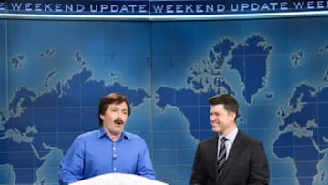 Beck Bennett as Mike Lindell and anchor Colin Jost during Weekend Update (Photo by: Will Heath/NBC)