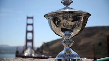 SAUSALITO, CA - AUGUST 27: The Astor Cup is displayed next to the Golden Gate Bridge on August 27, 2015 in Sausalito, California. Five Indy cars, lead by Marco Andretti in the #25 car, drove over the Golden Gate Bridge with the Astor Cup ahead of the Verizon IndyCar Series at Sonoma Raceway. The crossing also paid tribute to Verizon IndyCar Series driver Justin Wilson, who died on August 24 following injuries sustained at the ABC Supply 500 at Pocono Raceway on August 23. (Photo by Justin Sullivan/Getty Images)