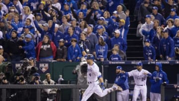 KANSAS CITY, MO - OCTOBER 27: Alex Gordon #4 of the Kansas City Royals rounds the bases after hitting a game tying home run in the bottom of the ninth inning of Game 1 of the 2015 World Series against the New York Mets at Kauffman Stadium on Tuesday, October 27, 2015 in Kansas City, Missouri. (Photo by Rob Tringali/MLB via Getty Images)