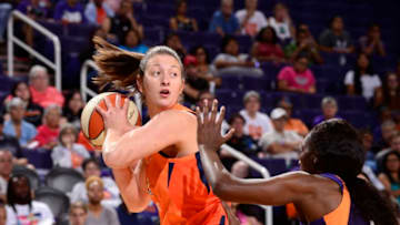 PHOENIX, AZ - AUGUST 14: Theresa Plaisance #55 of the Connecticut Sun handles the ball against the Phoenix Mercury on August 14. 2019 at Talking Stick Resort Arena in Phoenix, Arizona. NOTE TO USER: User expressly acknowledges and agrees that, by downloading and/or using this photograph, user is consenting to the terms and conditions of the Getty Images License Agreement. Mandatory Copyright Notice: Copyright 2019 NBAE (Photo by Barry Gossage/NBAE via Getty Images)
