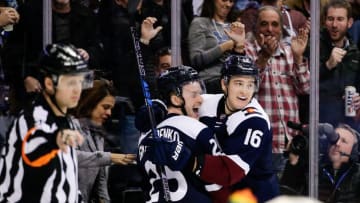 Nov 26, 2016; Denver, CO, USA; Colorado Avalanche center Mikhail Grigorenko (25) celebrates his goal with defenseman Nikita Zadorov (16) in the second period against the Vancouver Canucks at the Pepsi Center. Mandatory Credit: Isaiah J. Downing-USA TODAY Sports