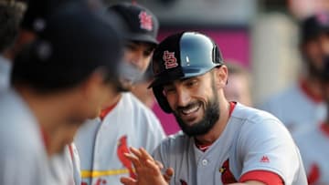 May 10, 2016; Anaheim, CA, USA; St. Louis Cardinals third baseman Matt Carpenter (13) is greeted after hitting a solo home run in the first inning against Los Angeles Angels at Angel Stadium of Anaheim. Mandatory Credit: Gary A. Vasquez-USA TODAY Sports
