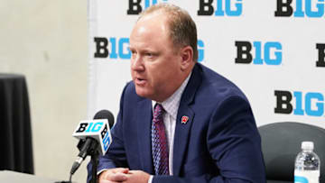 Oct 8, 2021; Indianapolis, IN, USA; Wisconsin Badgers head coach Greg Gard speaks to the media during Big Ten media day at Bankers Life Fieldhouse. Mandatory Credit: Robert Goddin-USA TODAY Sports