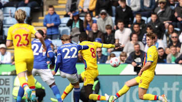 LEICESTER, ENGLAND - APRIL 10: Kiernan Dewsbury-Hall of Leicester City scores a goal to make it 2-0 during the Premier League match between Leicester City and Crystal Palace at The King Power Stadium on April 10, 2022 in Leicester, United Kingdom. (Photo by James Williamson - AMA/Getty Images)