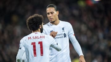 LONDON, ENGLAND - JANUARY 29: Mohamed Salah of Liverpool FC celebrate with his team mate Virgil van Dijk after scoring goal during the Premier League match between West Ham United and Liverpool FC at London Stadium on January 29, 2020 in London, United Kingdom. (Photo by Sebastian Frej/MB Media/Getty Images)