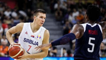 DONGGUAN, CHINA - SEPTEMBER 12: #7 Bogdan Bogdanovic of Serbia drives during the games 5-8 of 2019 FIBA World Cup between Serbia and USA at Dongguan Basketball Center on September 12, 2019 in Dongguan, China. (Photo by Zhizhao Wu/Getty Images)