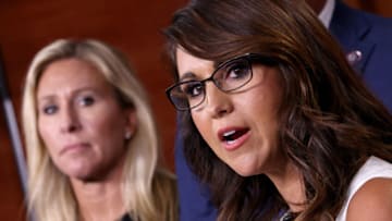 Rep. Lauren Boebert (R) (R-CO) and Rep. Marjorie Taylor Greene (R-GA). (Photo by Win McNamee/Getty Images)