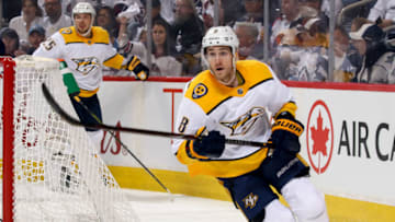 WINNIPEG, MB - MAY 1: Kyle Turris #8 of the Nashville Predators follows the play around the net during first period action against the Winnipeg Jets in Game Three of the Western Conference Second Round during the 2018 NHL Stanley Cup Playoffs at the Bell MTS Place on May 1, 2018 in Winnipeg, Manitoba, Canada. The Jets defeated the Preds 7-4 and lead the series 2-1. (Photo by Jonathan Kozub/NHLI via Getty Images)