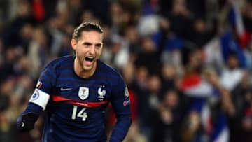 France's midfielder Adrien Rabiot celebrates after scoring a goal during the FIFA World Cup 2022 qualification football match between France and Kazakhstan at the Parc des Princes stadium in Paris, on November 13, 2021. (Photo by FRANCK FIFE / AFP) (Photo by FRANCK FIFE/AFP via Getty Images)