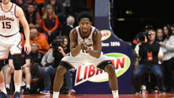 CHAMPAIGN, IL - FEBRUARY 07: Illinois Fighting Illini guard Andres Feliz (10) claps as he gets into a defensive position during the Big Ten Conference college basketball game between the Maryland Terrapins and the Illinois Fighting Illini on February 7, 2020, at the State Farm Center in Champaign, Illinois. (Photo by Michael Allio/Icon Sportswire via Getty Images)