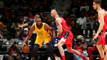 WASHINGTON, DC - MARCH 17: Al Jefferson #25 of the Indiana Pacers handles the ball during the game against the Washington Wizards on March 17, 2018 at Capital One Arena in Washington, DC. NOTE TO USER: User expressly acknowledges and agrees that, by downloading and or using this Photograph, user is consenting to the terms and conditions of the Getty Images License Agreement. Mandatory Copyright Notice: Copyright 2018 NBAE (Photo by Ned Dishman/NBAE via Getty Images)