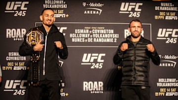 Max Holloway vs. Alexander Volkanovski pose for the UFC 245 media day face-offs on Thursday in Las Vegas (photo by Amy Kaplan/FanSided)