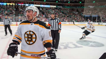 Feb 20, 2016; Dallas, TX, USA; Boston Bruins left wing Brad Marchand (63) skates against the Dallas Stars during the game at the American Airlines Center. The Bruins defeat the Stars 7-3. Mandatory Credit: Jerome Miron-USA TODAY Sports