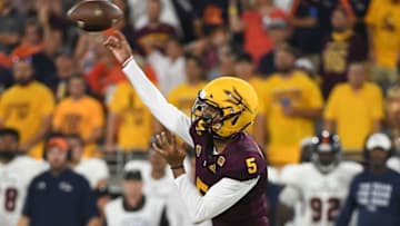 TEMPE, AZ - SEPTEMBER 01: Quarterback Manny Wilkins #5 of the Arizona State Sun Devils makes a pass in the first half of the game against the UTSA Roadrunners at Sun Devil Stadium on September 1, 2018 in Tempe, Arizona. (Photo by Jennifer Stewart/Getty Images)