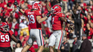 Zamir White and Brock Bowers celebrate a touchdown during a game between Charleston Southern Buccaneers and Georgia Bulldogs at Sanford Stadium on November 20, 2021 in Athens, Georgia. (Photo by Steven Limentani/ISI Photos/Getty Images)