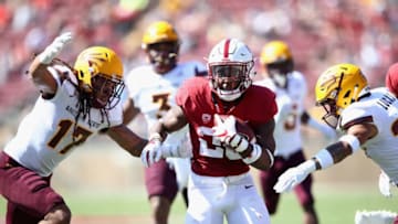 PALO ALTO, CA - SEPTEMBER 30: Bryce Love #20 of the Stanford Cardinal runs with the ball against the Arizona State Sun Devils at Stanford Stadium on September 30, 2017 in Palo Alto, California. (Photo by Ezra Shaw/Getty Images)