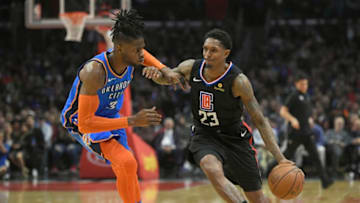 LOS ANGELES, CA - MARCH 08: Nerlens Noel #3 of the Oklahoma City Thunder guards Lou Williams #23 of the Los Angeles Clippers at Staples Center on March 8, 2019 in Los Angeles, California. Clippers won 188-110. NOTE TO USER: User expressly acknowledges and agrees that, by downloading and or using this photograph, User is consenting to the terms and conditions of the Getty Images License Agreement.(Photo by John McCoy/Getty Images)