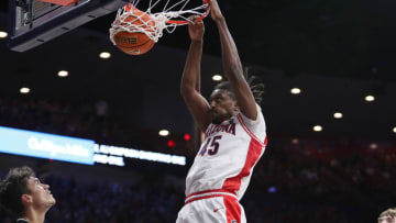 Feb 18, 2023; Tucson, Arizona, USA; Arizona Wildcats guard Cedric Henderson Jr. (45) makes a basket during the second half at McKale Center. Mandatory Credit: Zachary BonDurant-USA TODAY Sports