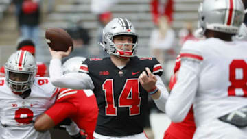 Team Brutus quarterback Kyle McCord (14) throws a pass during the Ohio State football Spring Game at Ohio Stadium in Columbus on Saturday, April 17, 2021.Ohio State Football Spring Game