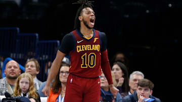 Jan 15, 2022; Oklahoma City, Oklahoma, USA; Cleveland Cavaliers guard Darius Garland (10) celebrates after scoring against the Oklahoma City Thunder during the second half at Paycom Center. Mandatory Credit: Alonzo Adams-USA TODAY Sports