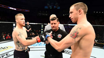 LINCOLN, NE - AUGUST 25: (L-R) Opponents Justin Gaethje and James Vick face off prior to their lightweight fight during the UFC Fight Night event at Pinnacle Bank Arena on August 25, 2018 in Lincoln, Nebraska. (Photo by Josh Hedges/Zuffa LLC/Zuffa LLC via Getty Images)