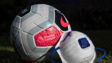 MANCHESTER, ENGLAND - MAY 06: The official Nike Premier League match ball with a protective face mask displayed on May 6, 2020 in Manchester, England (Photo by Visionhaus)