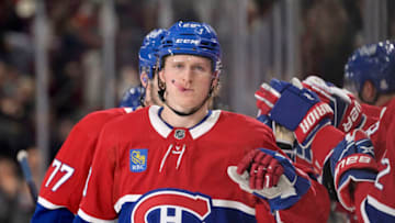 Feb 12, 2023; Montreal, Quebec, CAN; Montreal Canadiens forward Christian Dvorak (28) celebrates with teammates after scoring a goal against the Edmonton Oilers during the third period at the Bell Centre. Mandatory Credit: Eric Bolte-USA TODAY Sports