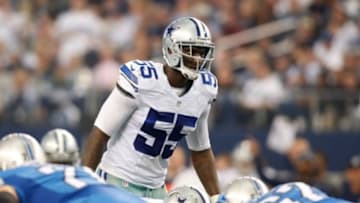 Jan 4, 2015; Arlington, TX, USA; Dallas Cowboys middle linebacker Rolando McClain (55) in game action against the Detroit Lions in the NFC Wild Card Playoff Game at AT&T Stadium. Dallas beat Detroit 24-20. Mandatory Credit: Tim Heitman-USA TODAY Sports