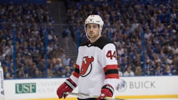 TAMPA, FL - APRIL 21: Miles Wood #44 of the New Jersey Devils in Game Five of the Eastern Conference First Round during the 2018 NHL Stanley Cup Playoffs at Amalie Arena on April 21, 2018 in Tampa, Florida. (Photo by Scott Audette/NHLI via Getty Images)"n