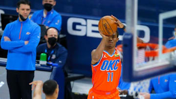 Oklahoma City's Theo Maledon (11) makes a 3-pointer during against the Pelicans on April 29 at Chesapeake Energy Arena.theo2