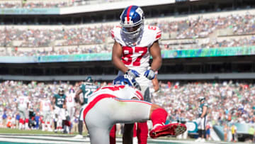 PHILADELPHIA, PA - SEPTEMBER 24: Odell Beckham No. 13 of the New York Giants celebrates with Sterling Shepard No. 87 after scoring a touchdown in the fourth quarter against the Philadelphia Eagles at Lincoln Financial Field on September 24, 2017 in Philadelphia, Pennsylvania. The Eagles defeated the Giants 27-24. (Photo by Mitchell Leff/Getty Images)