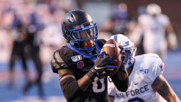 BOISE, ID - SEPTEMBER 20: Wide receiver CT Thomas #6 of the Boise State Broncos catches a touchdown pass during first half action against the Air Force Falcons on September 20, 2019 at Albertsons Stadium in Boise, Idaho. (Photo by Loren Orr/Getty Images)