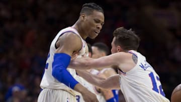 PHILADELPHIA, PA - APRIL 6: Richaun Holmes #22 of the Philadelphia 76ers celebrates with T.J. McConnell #12 during a timeout against the Cleveland Cavaliers at the Wells Fargo Center on April 6, 2018 in Philadelphia, Pennsylvania. NOTE TO USER: User expressly acknowledges and agrees that, by downloading and or using this photograph, User is consenting to the terms and conditions of the Getty Images License Agreement. (Photo by Mitchell Leff/Getty Images) *** Local Caption *** Richaun Holmes;T.J. McConnell