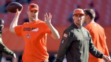 Nov 1, 2015; Cleveland, OH, USA; Cleveland Browns quarterback Josh McCown (13) and quarterback Johnny Manziel (2) warm up before the game between the Cleveland Browns and the Arizona Cardinals at FirstEnergy Stadium. Mandatory Credit: Ken Blaze-USA TODAY Sports