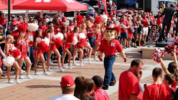 Oct 10, 2015; Lincoln, NE, USA; Herbie Husker entertains the Nebraska Cornhuskers fans waiting for the team to arrive before the game against the Wisconsin Badgers at Memorial Stadium. Mandatory Credit: Steven Branscombe-USA TODAY Sports