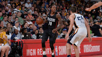 LAS VEGAS, NV - JULY 7: Archie Goodwin #70 of the Portland Trail Blazers handles the ball against the Utah Jazz during the 2018 Las Vegas Summer League on July 7, 2018 at the Cox Pavilion in Las Vegas, Nevada. NOTE TO USER: User expressly acknowledges and agrees that, by downloading and/or using this Photograph, user is consenting to the terms and conditions of the Getty Images License Agreement. Mandatory Copyright Notice: Copyright 2018 NBAE (Photo by David Dow/NBAE via Getty Images)