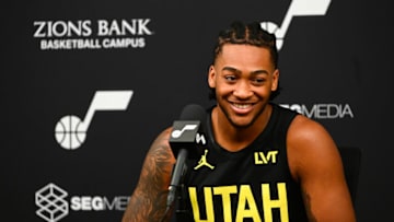 SALT LAKE CITY, UTAH - OCTOBER 02: Brice Sensabaugh #8 of the Utah Jazz speaks during the Utah Jazz Media Day at Zions Bank Basketball Campus on October 02, 2023 in Salt Lake City, Utah. NOTE TO USER: User expressly acknowledges and agrees that, by downloading and or using this photograph, User is consenting to the terms and conditions of the Getty Images License Agreement. (Photo by Alex Goodlett/Getty Images)