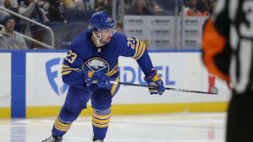 BUFFALO, NEW YORK - SEPTEMBER 27: Mattias Samuelsson #23 of the Buffalo Sabres skates during the second period against the Philadelphia Flyers at KeyBank Center on September 27, 2022 in Buffalo, New York. (Photo by Joshua Bessex/Getty Images)