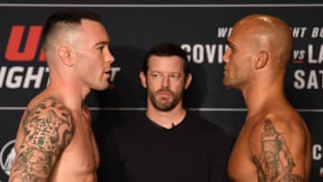 NEWARK, NEW JERSEY - AUGUST 02: (L-R) Opponents Colby Covington and Robbie Lawler face off during the UFC Fight Night official weigh-in at the DoubleTree Hotel on August 02, 2019 in Newark, New Jersey. (Photo by Josh Hedges/Zuffa LLC/Zuffa LLC)