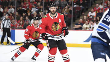 CHICAGO, IL - MARCH 29: Brent Seabrook #7 of the Chicago Blackhawks watches for the puck in the third period against the Winnipeg Jets at the United Center on March 29, 2018 in Chicago, Illinois. The Chicago Blackhawks defeated the Winnipeg Jets 6-2. (Photo by Bill Smith/NHLI via Getty Images)