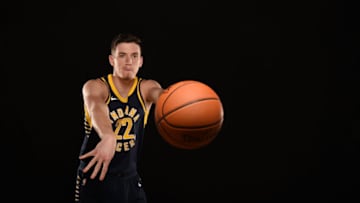 TARRYTOWN, NY - AUGUST 11: T.J. Leaf #22 of the Indiana Pacers poses for a photo during the 2017 NBA Rookie Photo Shoot at MSG training center on August 11, 2017 in Tarrytown, New York. NOTE TO USER: User expressly acknowledges and agrees that, by downloading and or using this photograph, User is consenting to the terms and conditions of the Getty Images License Agreement. (Photo by Brian Babineau/Getty Images)