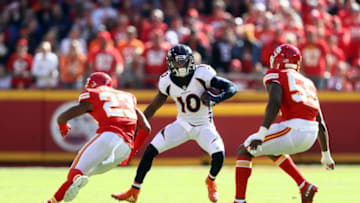 KANSAS CITY, MO - OCTOBER 28: Wide receiver Emmanuel Sanders #10 of the Denver Broncos in action during the game against the Kansas City Chiefs at Arrowhead Stadium on October 28, 2018 in Kansas City, Missouri. (Photo by Jamie Squire/Getty Images)