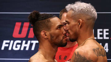 BRASILIA, BRAZIL - MARCH 13: (L-R) Opponents Kevin Lee of the United States and Charles Oliveira of Brazil face off during during the UFC Fight Night Lee v Oliveira weigh-in at Windsor Plaza Hotel on March 13, 2020 in Brasilia, Brazil. (Photo by Buda Mendes/Zuffa LLC)