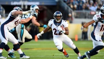 Feb 7, 2016; Santa Clara, CA, USA; Denver Broncos running back C.J. Anderson (22) runs the ball against the Carolina Panthers during the first quarter in Super Bowl 50 at Levi