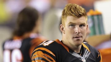 Sep 1, 2016; Cincinnati, OH, USA; Cincinnati Bengals quarterback Andy Dalton (14) in the first half against the Indianapolis Colts in a preseason NFL football game at Paul Brown Stadium. Mandatory Credit: Aaron Doster-USA TODAY Sports