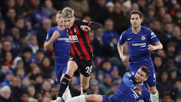LONDON, ENGLAND - DECEMBER 19: Mateo Kovacic of Chelsea tackles David Brooks of AFC Bournemouth during the Carabao Cup Quarter Final match between Chelsea and AFC Bournemouth at Stamford Bridge on December 19, 2018 in London, United Kingdom. (Photo by Christopher Lee/Getty Images)