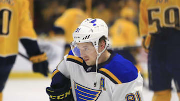 NASHVILLE, TN - FEBRUARY 25: St. Louis Blues right wing Vladimir Tarasenko (91) is shown prior to the NHL game between the Nashville Predators and the St. Louis Blues, held on February 25, 2018, at Bridgestone Arena in Nashville, Tennessee. (Photo by Danny Murphy/Icon Sportswire via Getty Images)