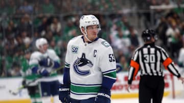DALLAS, TEXAS - NOVEMBER 19: Bo Horvat #53 of the Vancouver Canucks in the second period at American Airlines Center on November 19, 2019 in Dallas, Texas. (Photo by Ronald Martinez/Getty Images)